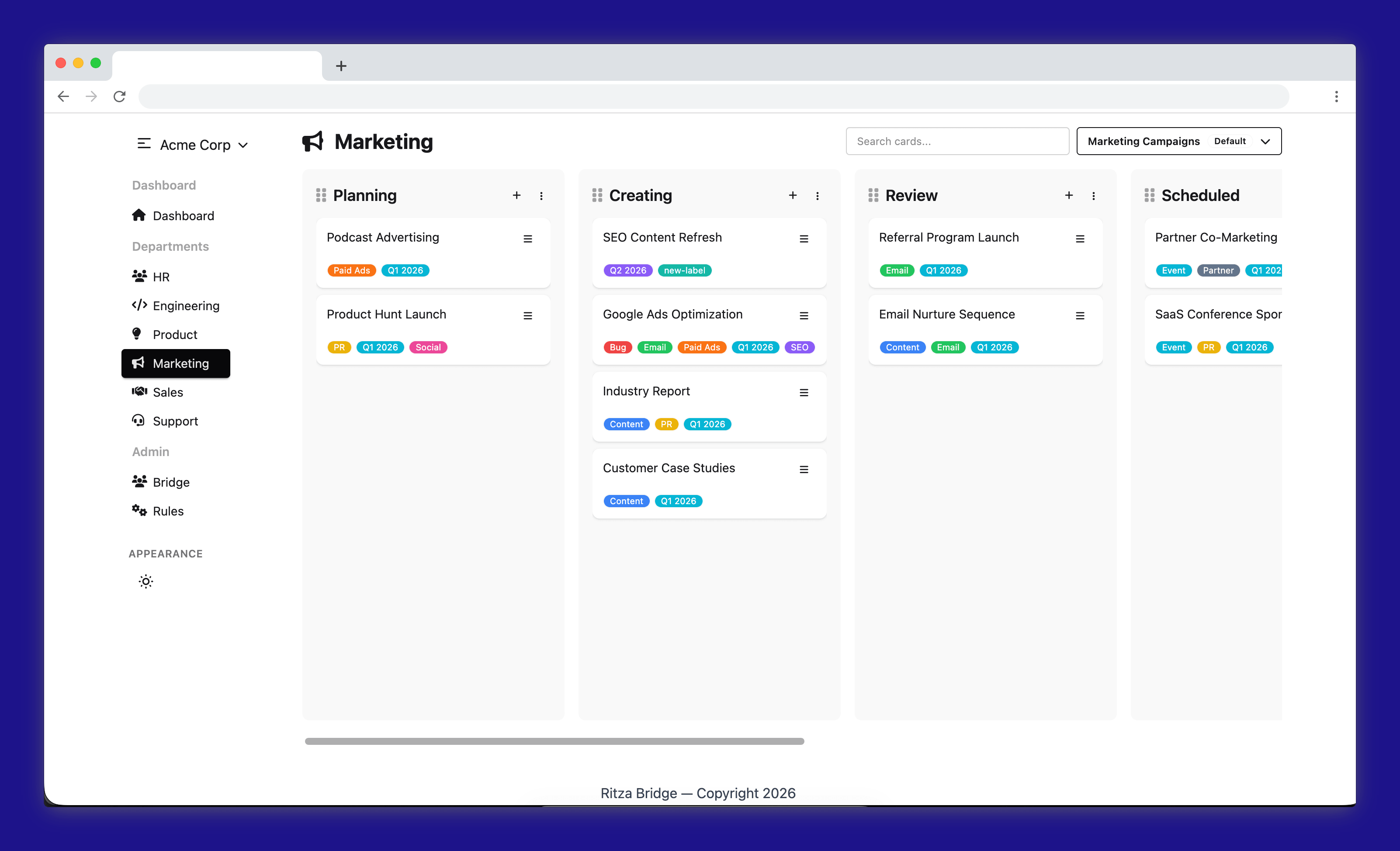 Bridge board view showing columns and cards in a kanban pipeline