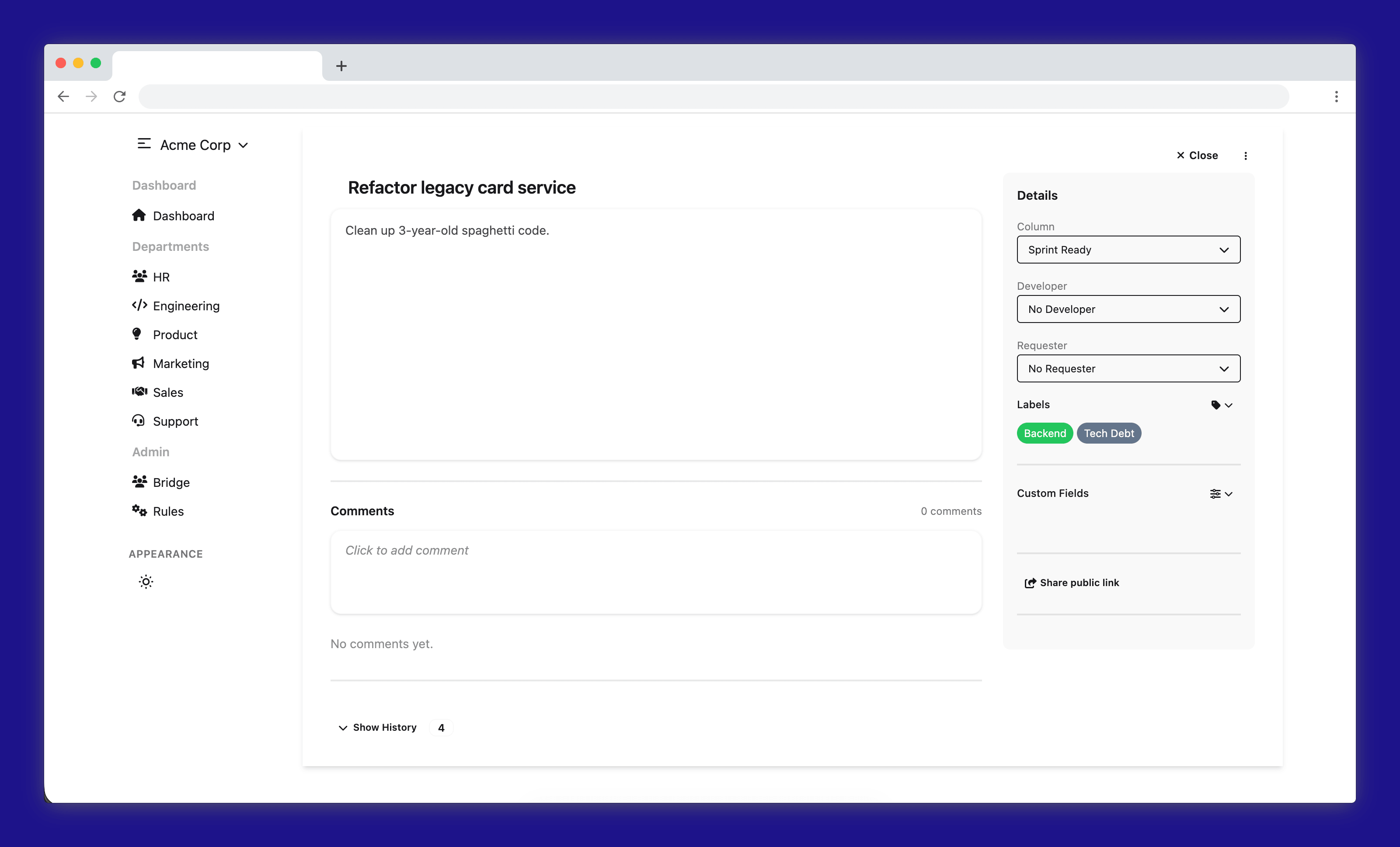Bridge card view showing comments, fields, attachments, and task details